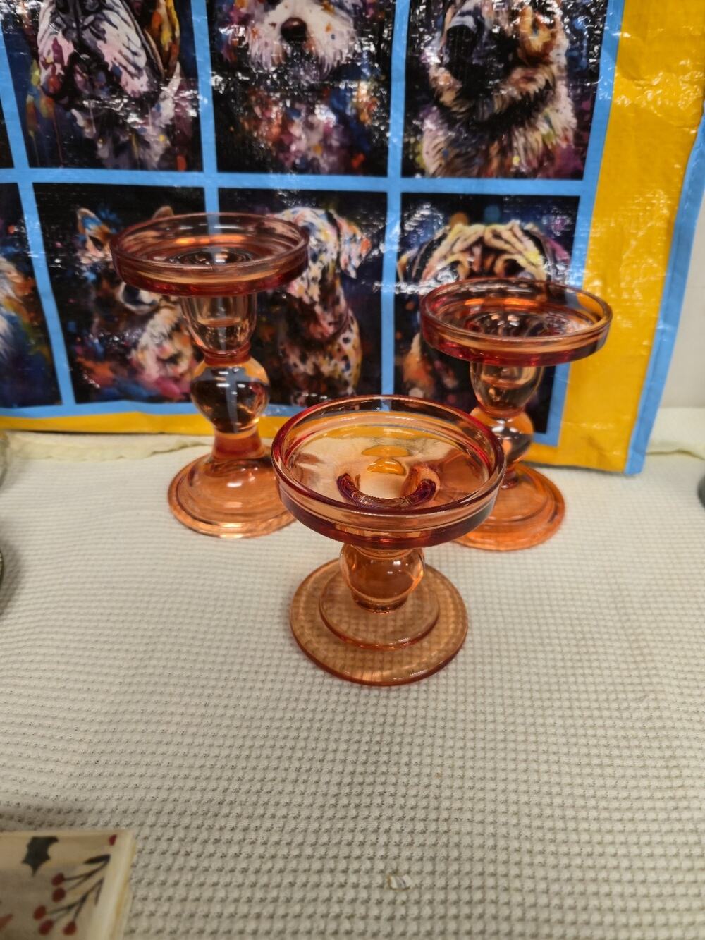Vintage Amber Flash Glass Candle Holders Compotes Set of 3 Pressed Glass